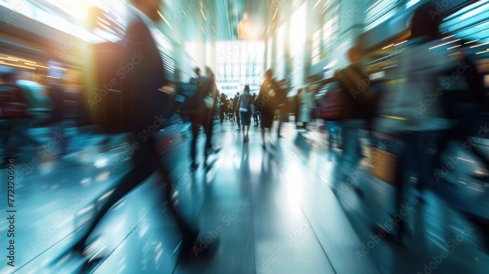 Fototapeta premium Busy airport terminal with blurred motion of passengers walking, indicating rush and movement, under modern architecture with bright lighting.