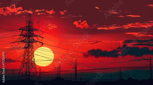 Dynamic Sunset Skies Over Urban Electrical Grid: The Harmony of Technology and Nature