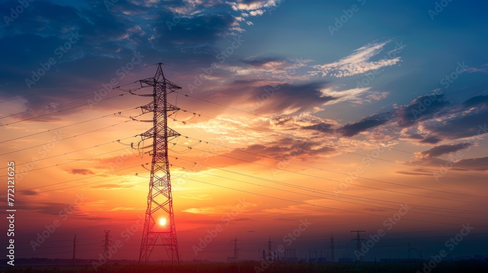 Dynamic Sunset Skies Over Urban Electrical Grid: The Harmony of Technology and Nature

