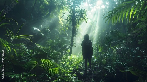 Tranquil EcoAdventure Wanderer Exploring Lush Hawaiian Rainforest photo