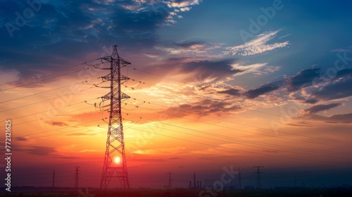 Dynamic Sunset Skies Over Urban Electrical Grid: The Harmony of Technology and Nature