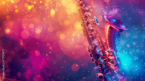 International jazz day and World Jazz festival banner with saxophon on splashing abstract colorful dust 