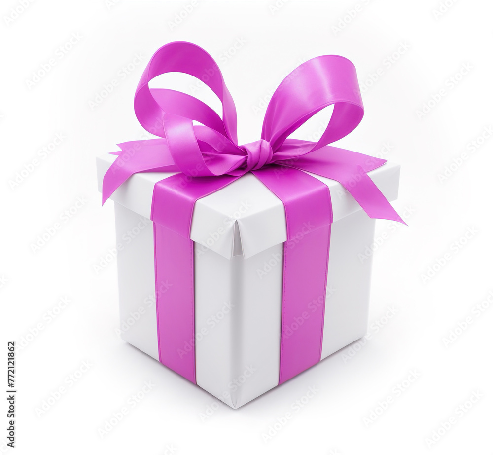 Present Gift Box with Violet Bow isolated on white background. Realistic Photo for Anniversary, Holiday or Illustration of Bonus. Present Gift Box with Violet Bow isolated on white background. Realistic Photo for Anniversary, Holiday or Illustration of Bonus.