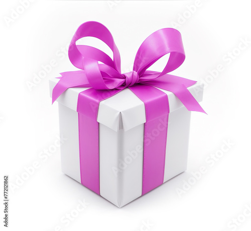 Present Gift Box with Violet Bow isolated on white background. Realistic Photo for Anniversary, Holiday or Illustration of Bonus.
