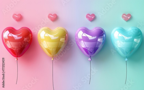 Outstanding Colorful Heart balloon among with pink hearts balloon floating on pink background. 3D Render