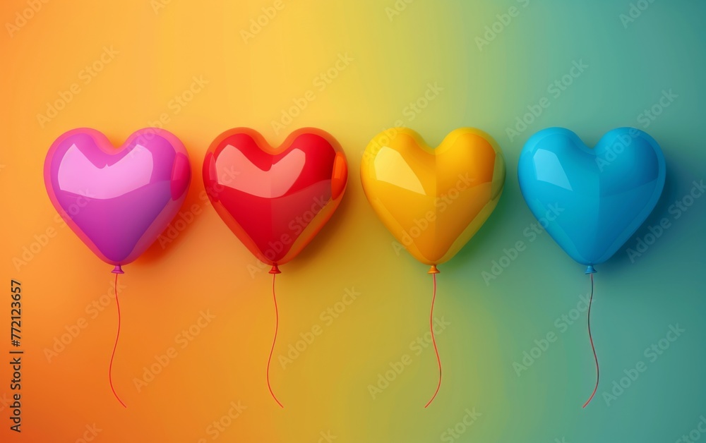 Outstanding Colorful Heart balloon among with pink hearts balloon floating on pink background. 3D Render