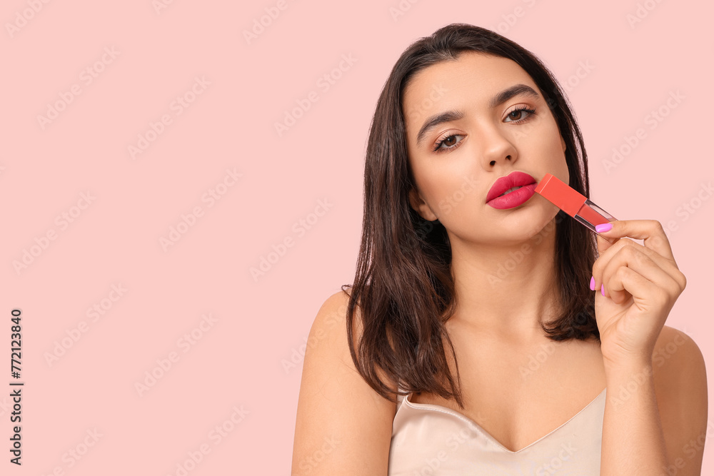 Beautiful young woman with stylish lipstick on pink background Beautiful young woman with stylish lipstick on pink background