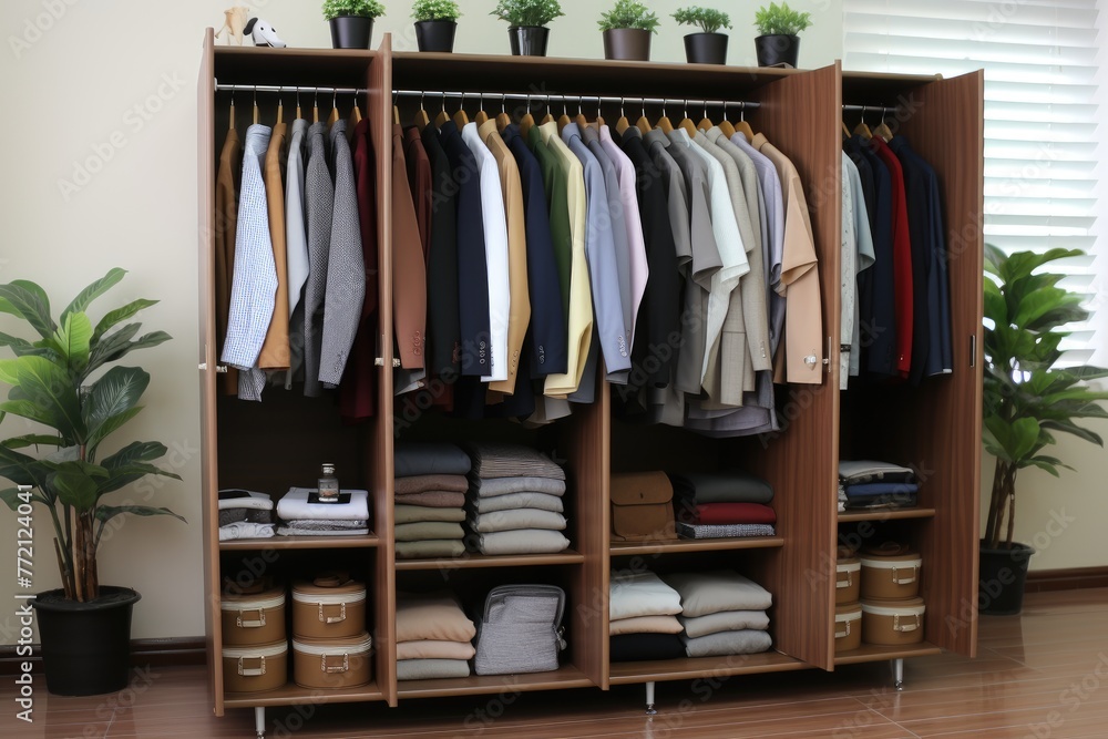 teak wood cupboard shelves with clothes professional photography