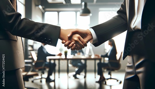 firm handshake between two professionals in a corporate Concept of business agreements, partnership success, and professional commitment