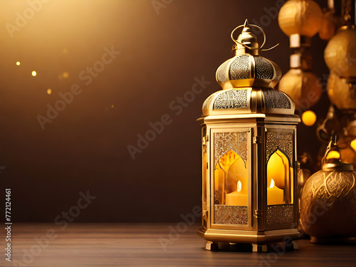 Luxurious yellow background design with golden lantern and copy space