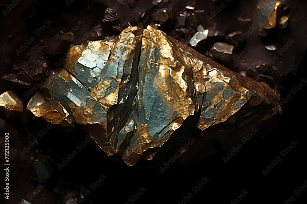 Valleriite is a rare precious natural stone on a black background. AI generated.