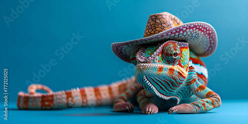 Colorful chameleon in a hat on a blue background. photo