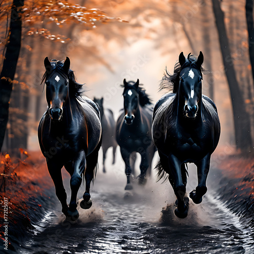 Black stallions running in the rain in an autumn forest. Infrared. Front view 