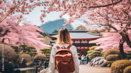A woman wearing a backpack is walking through a park with cherry blossoms
