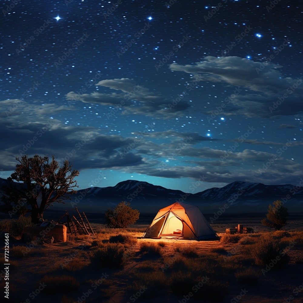 illustration of a tent is lit up at night under a night sky, Generative ai