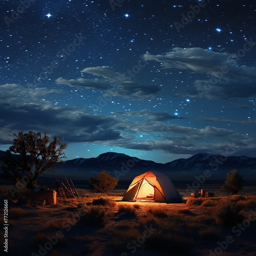 illustration of a tent is lit up at night under a night sky, Generative ai
