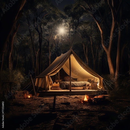 illustration of an open tent in the woods by moonlight in the style, Generative ai