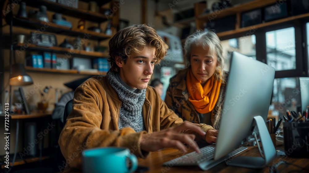 un adolescent aide sa grand mère remplir des documents importants en ligne sur un ordinateur un adolescent aide sa grand mère remplir des documents importants en ligne sur un ordinateur