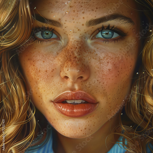 Close-up portrait of a beutiful blonde woman with blue eyes and freckles
