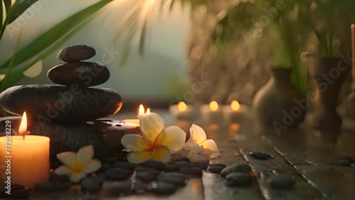 Spa massage stone concept with towels and candles  photo