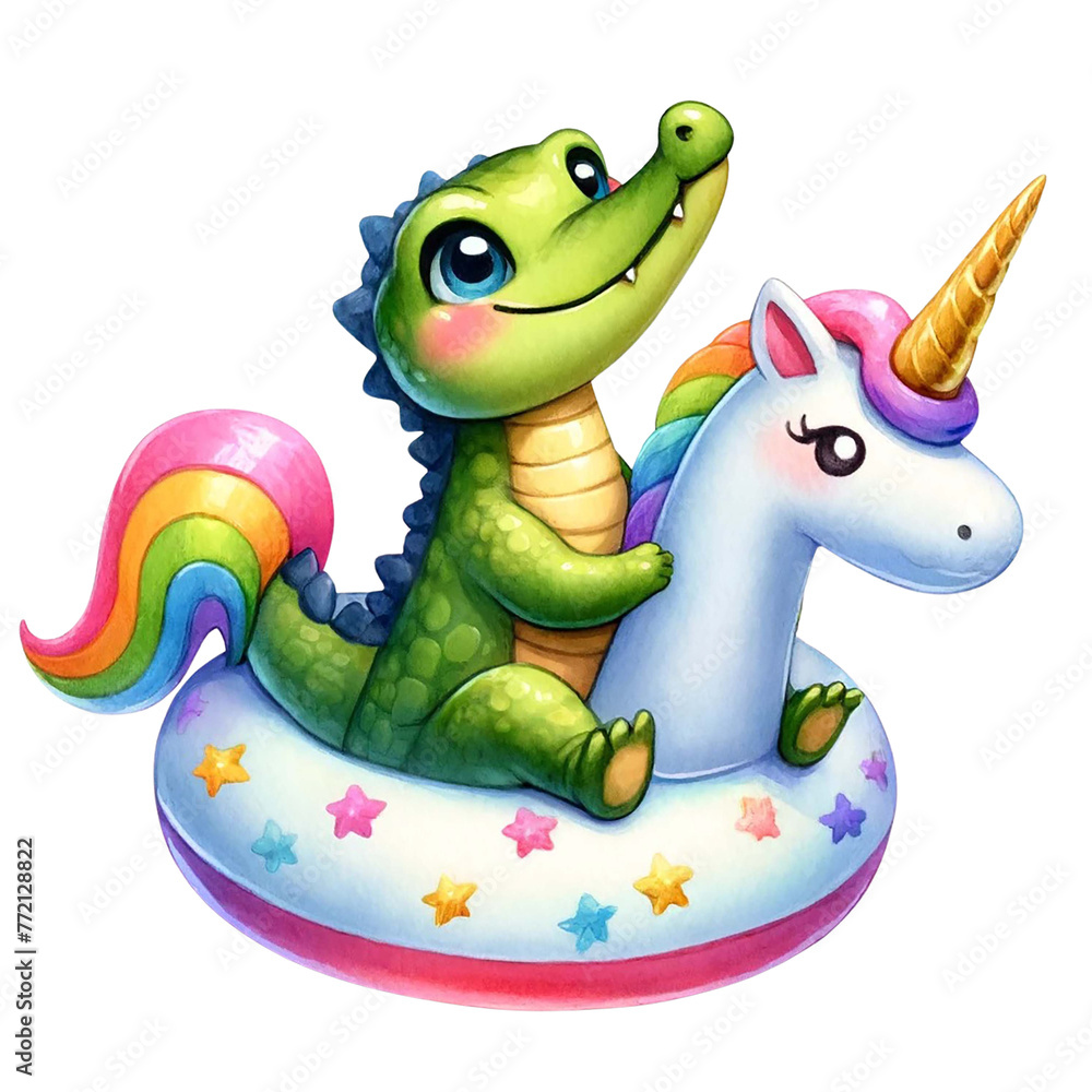 Fototapeta premium Cute crocodile riding a unicorn-themed swim ring watercolor clipart .AI Generate
