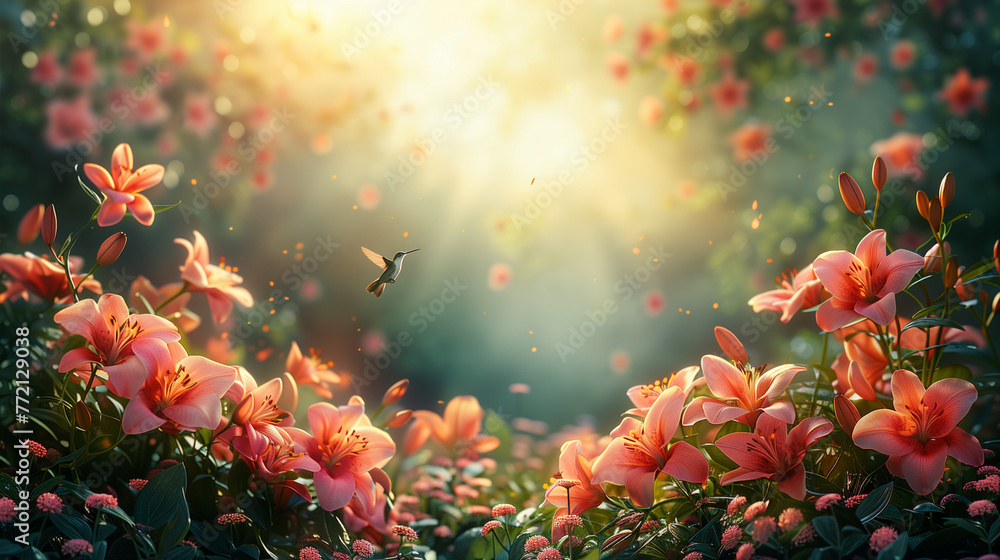 Fototapeta premium Sunrise over a vibrant flower garden with a hummingbird