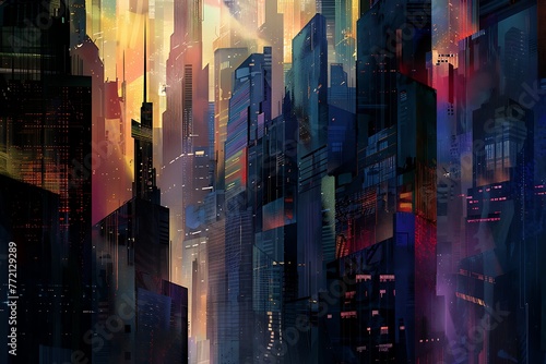   An exquisite  abstract skyline of architecturally daring towers  with a blend of retro  futuristic  and imaginary elements  punctuated by dramatic lighting.