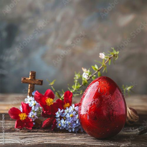Easter decoration with red egg ,flower and kross on wooden background