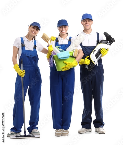 Workers of cleaning service with supplies on white background © Pixel-Shot