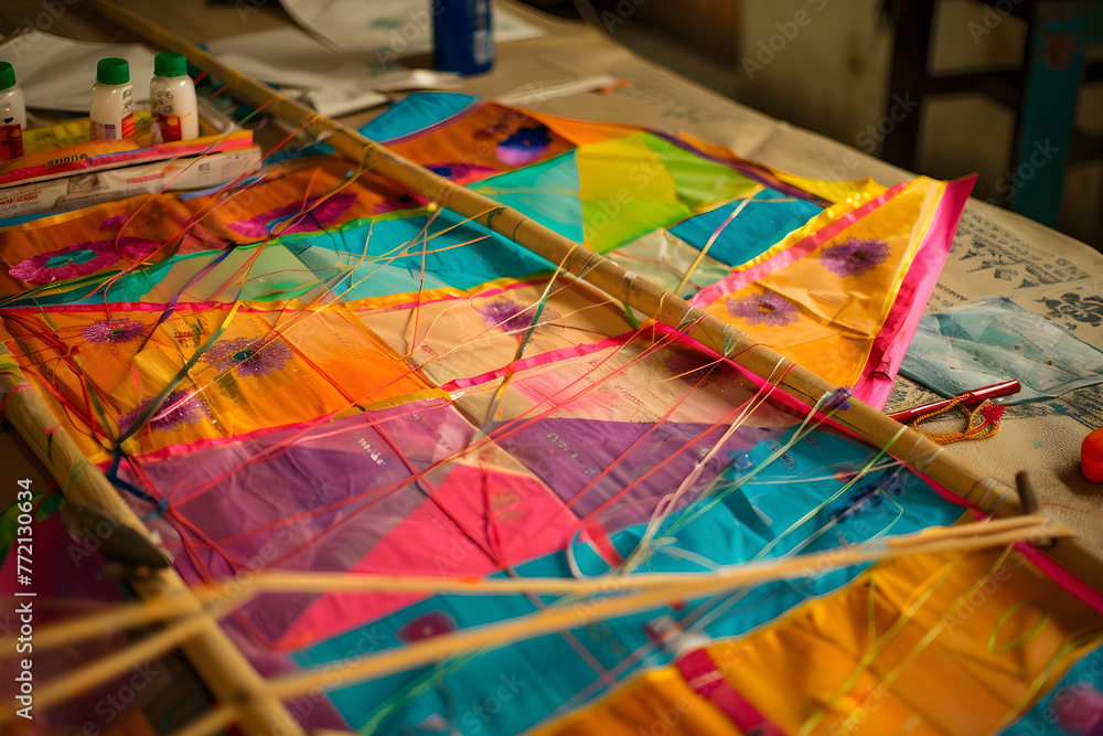 Fototapeta premium Intricacies of Kite Craftsmanship: A Journey from Frame to Flight