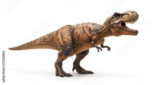 lifelike model of a Tyrannosaurus standing against a pure white background  © anurakss