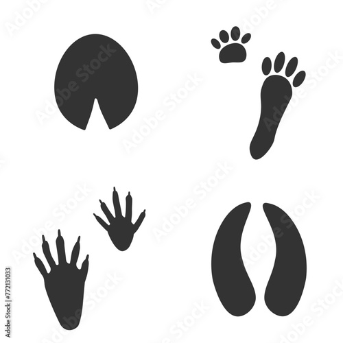 Footprints of  Animal, Traces of a rabbit, horse, deer, raccoon on white background.  Silhouette animal tracks in gray. Paw Print for your  design. Vector illustration. EPS10.