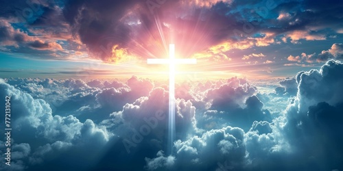 Christian Easter concept with a radiant cross in the sky symbolizing faith in Jesus Christ salvation and eternal life, Generative AI  photo