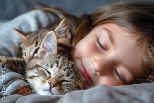 Peaceful Child Sleeping Snuggled with Tabby Cat on Bed  Comforting Companionship Between Kid and Pet  Cute Cozy Nap Time Concept  Serene Indoor Lifestyle Scene