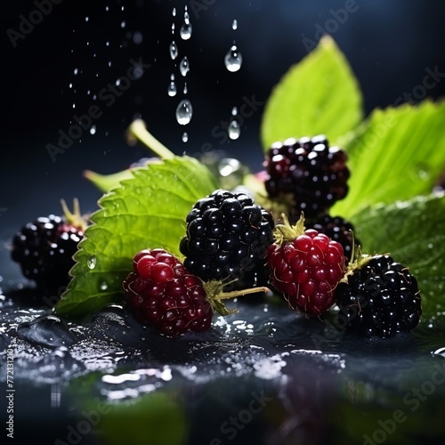 illustration of Mulberries fresh splashing water droplets delicious, Generative ai
