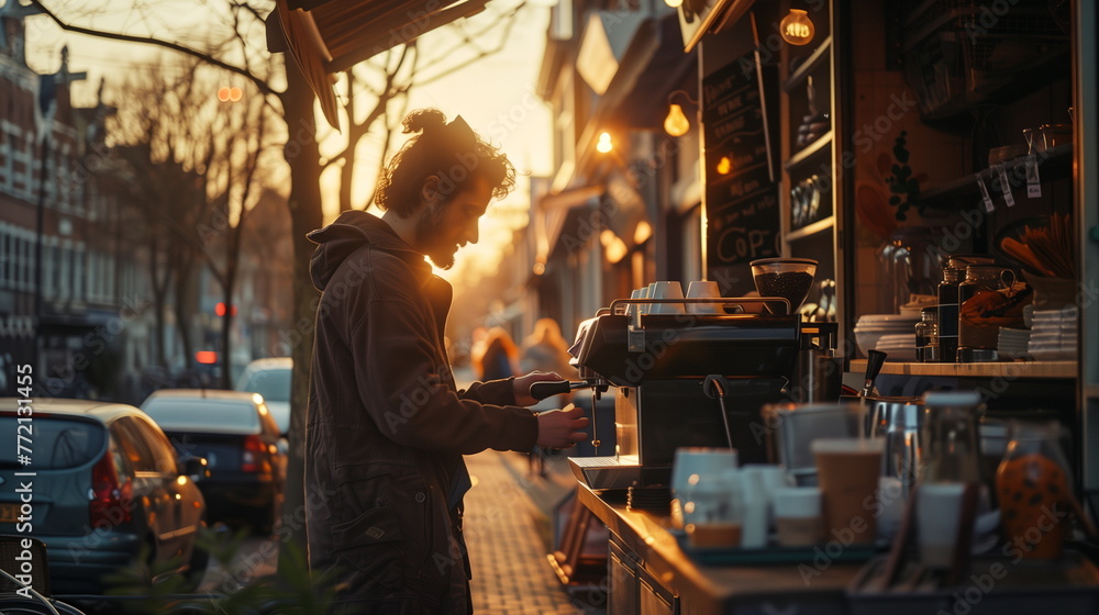 cafe on street with barista to make coffee in the morning light