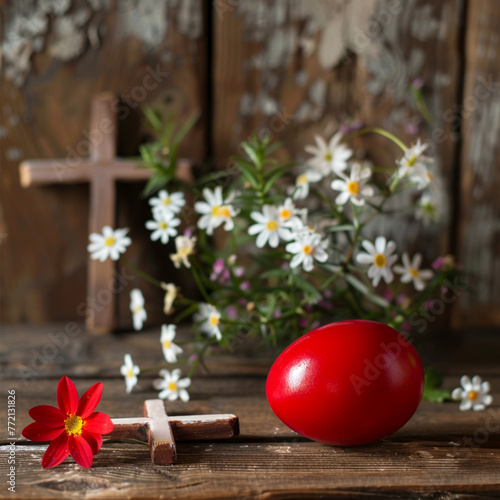 Easter decoration with red egg ,flower and kross on wooden background