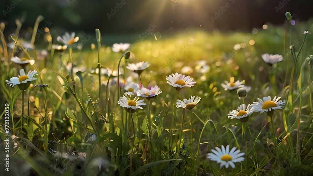 Landscape of White Chamomiles in Field Focus on Tranquil Sunset Scene, Daisy Delight Close-Up Chamomiles in Field, Setting Sun Warm Golden Hour Glow Blooming Daisy Field in Pastoral Countryside Beauty