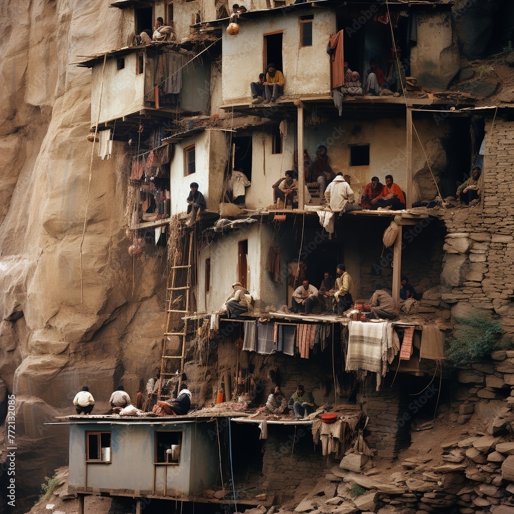 illustration of people on a steep mountainside cramped living quarte, Generative ai - obrazy, fototapety, plakaty 