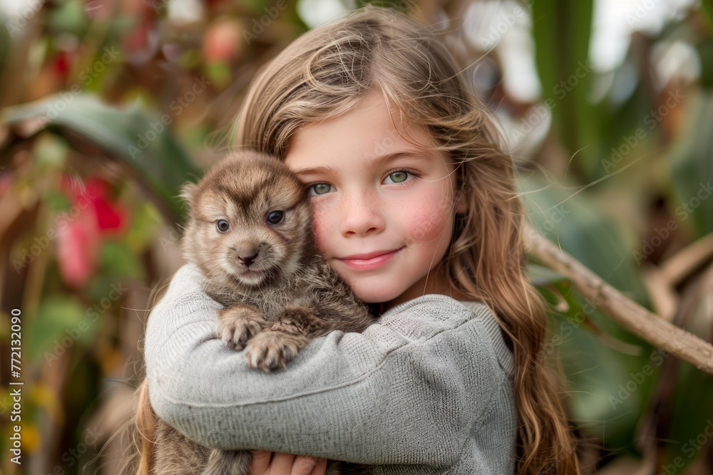 Young Smiling Girl Holding Cute Puppy Amongst Greenery Adorable Child with Pet Dog, Friendship Concept Young Smiling Girl Holding Cute Puppy Amongst Greenery Adorable Child with Pet Dog, Friendship Concept