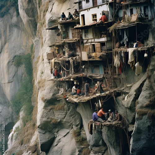 illustration of people on a steep mountainside cramped living quarte, Generative ai photo