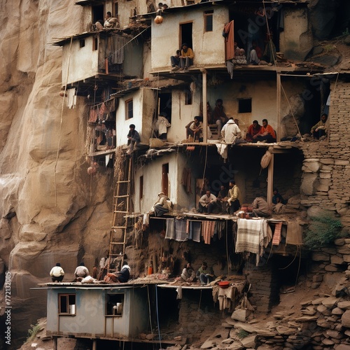 illustration of people on a steep mountainside cramped living quarte, Generative ai