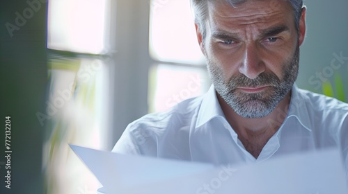 Businessman Reviewing Paperwork with Serious Expression, Reviewing paperwork, serious expression, businessman