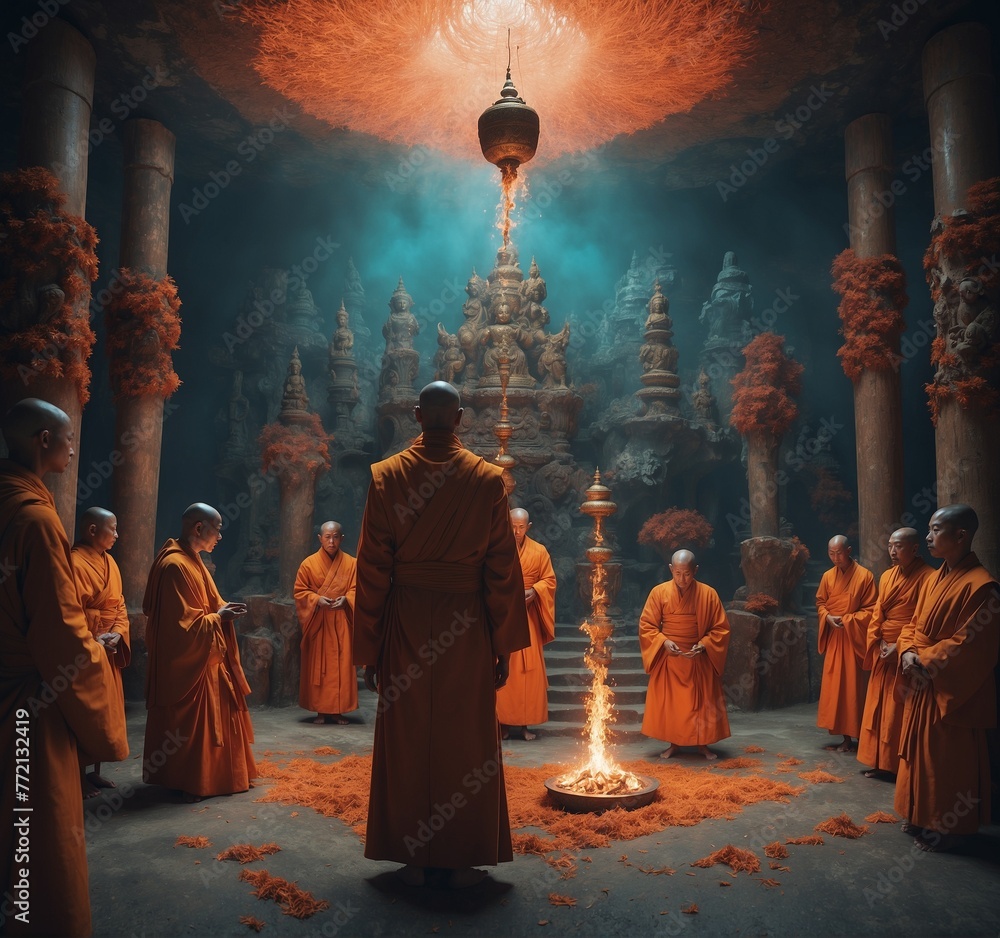 Buddhist monks in the ancient temple. 3D rendering. - obrazy, fototapety, plakaty 