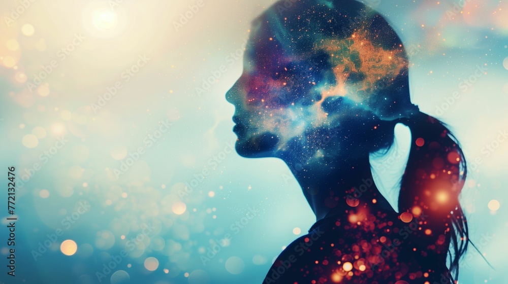 Woman silhouette with cosmic space texture profile view against bokeh background Woman silhouette with cosmic space texture profile view against bokeh background