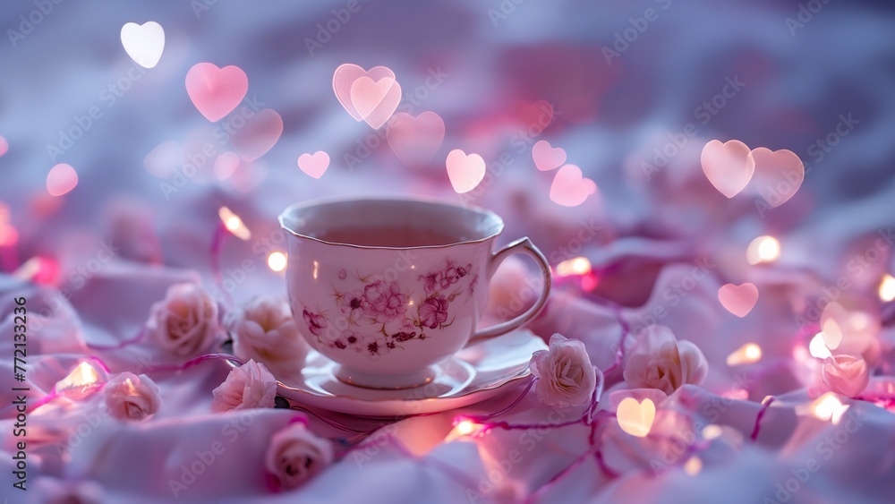 Edle antike Kaffeetasse romantisch mit Herzen und Blumen als Hintergrund im Lichter Bokeh zum Muttertag und Valentinstag