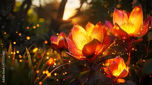 3D render of Luminescent Blossoms: Enchanted Night Garden, radiant glow across a mystical night © Cookiezkiez