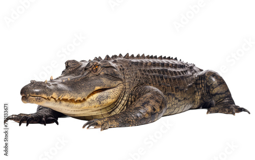 A massive alligator sprawled on a white surface