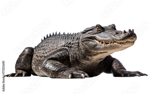 A large alligator calmly rests on a pristine white floor