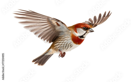 A small bird gracefully flies through the air, with its wings delicately spread open